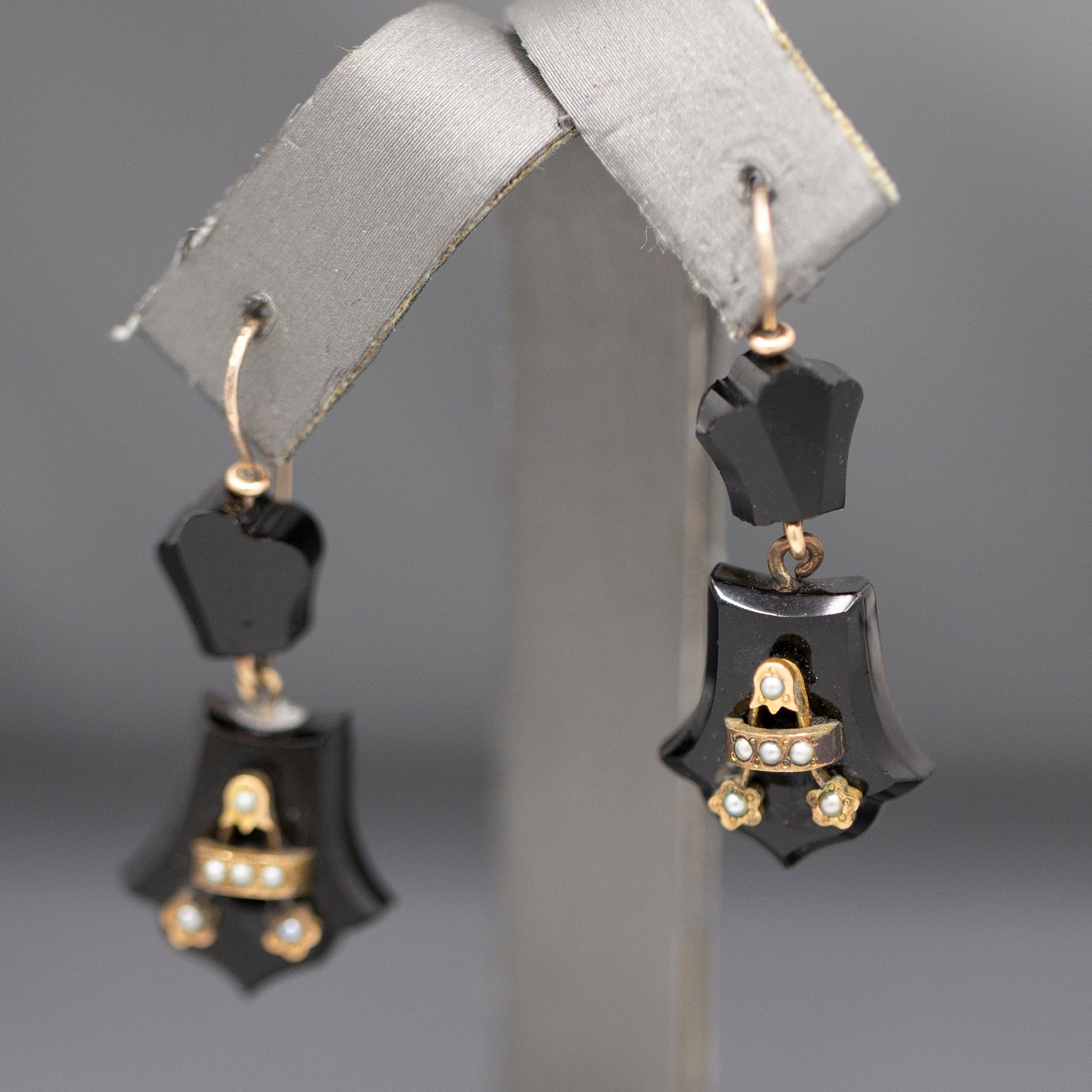Soulful Black Onyx and Pearl Victorian Antique Mourning Earrings in 14k Yellow Gold