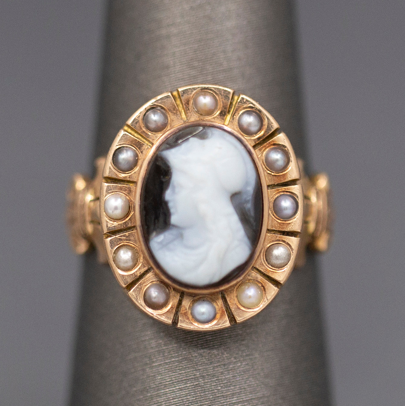 Antique Victorian Mourning Cameo Ring with Pearl Border and Fleur d'Lis in 14k Rose Gold