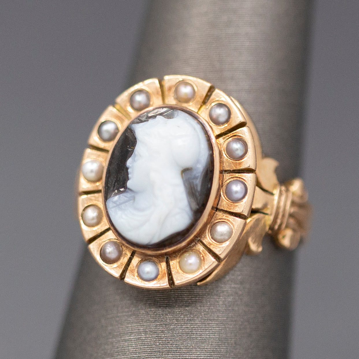 Antique Victorian Mourning Cameo Ring with Pearl Border and Fleur d'Lis in 14k Rose Gold