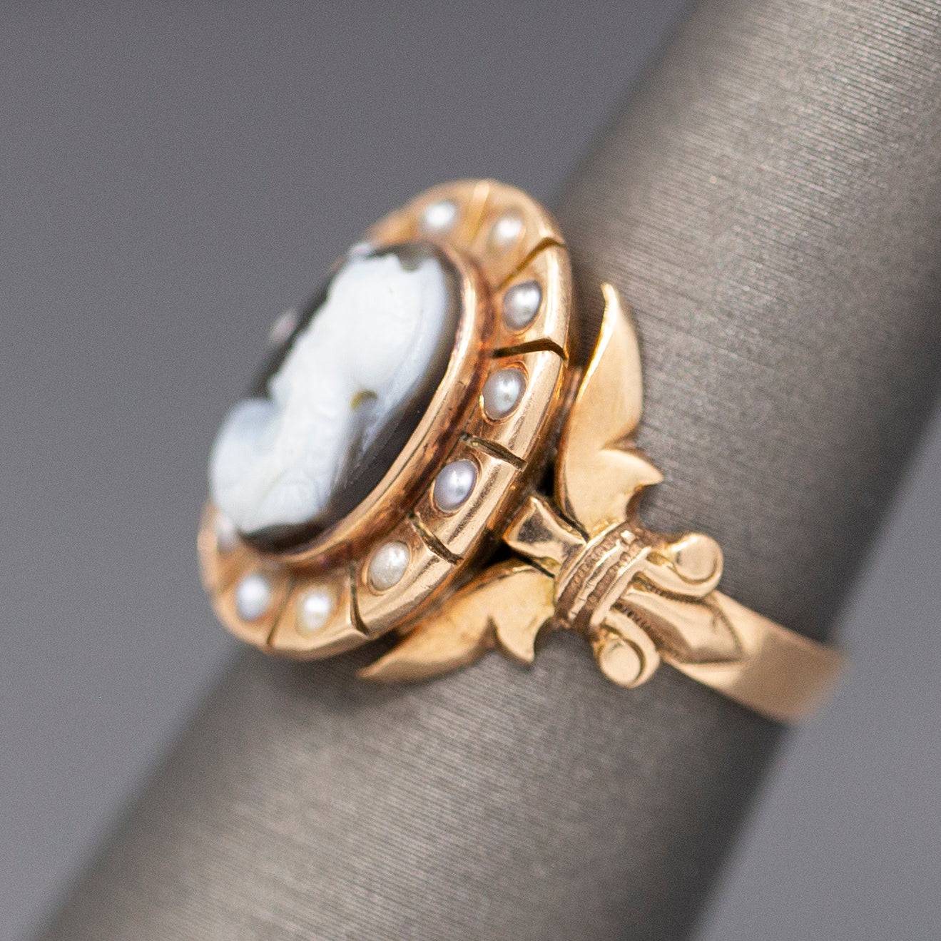 Antique Victorian Mourning Cameo Ring with Pearl Border and Fleur d'Lis in 14k Rose Gold