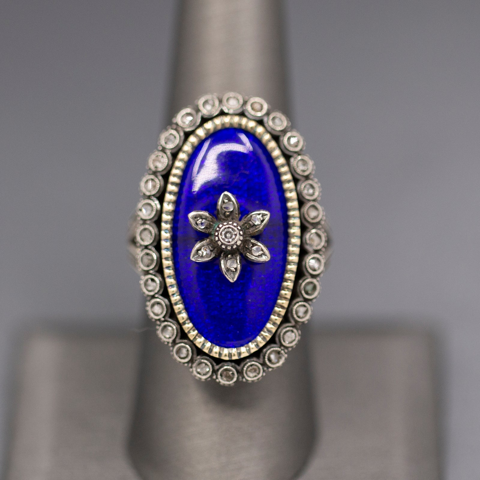 Exquisite Georgian Revival 1920s Blue Enamel and Rose Cut Diamond Ring in Silver and 14k Yellow Gold