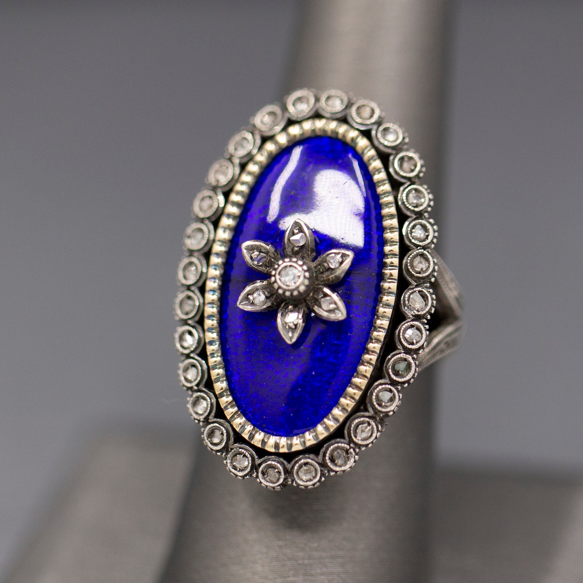 Exquisite Georgian Revival 1920s Blue Enamel and Rose Cut Diamond Ring in Silver and 14k Yellow Gold