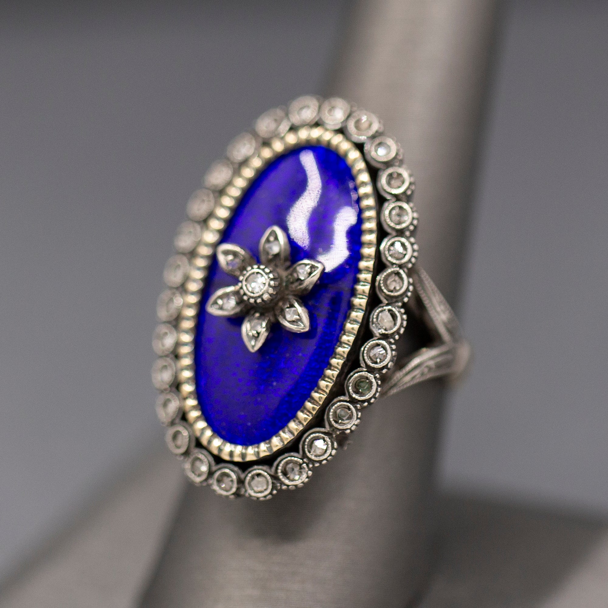 Exquisite Georgian Revival 1920s Blue Enamel and Rose Cut Diamond Ring in Silver and 14k Yellow Gold