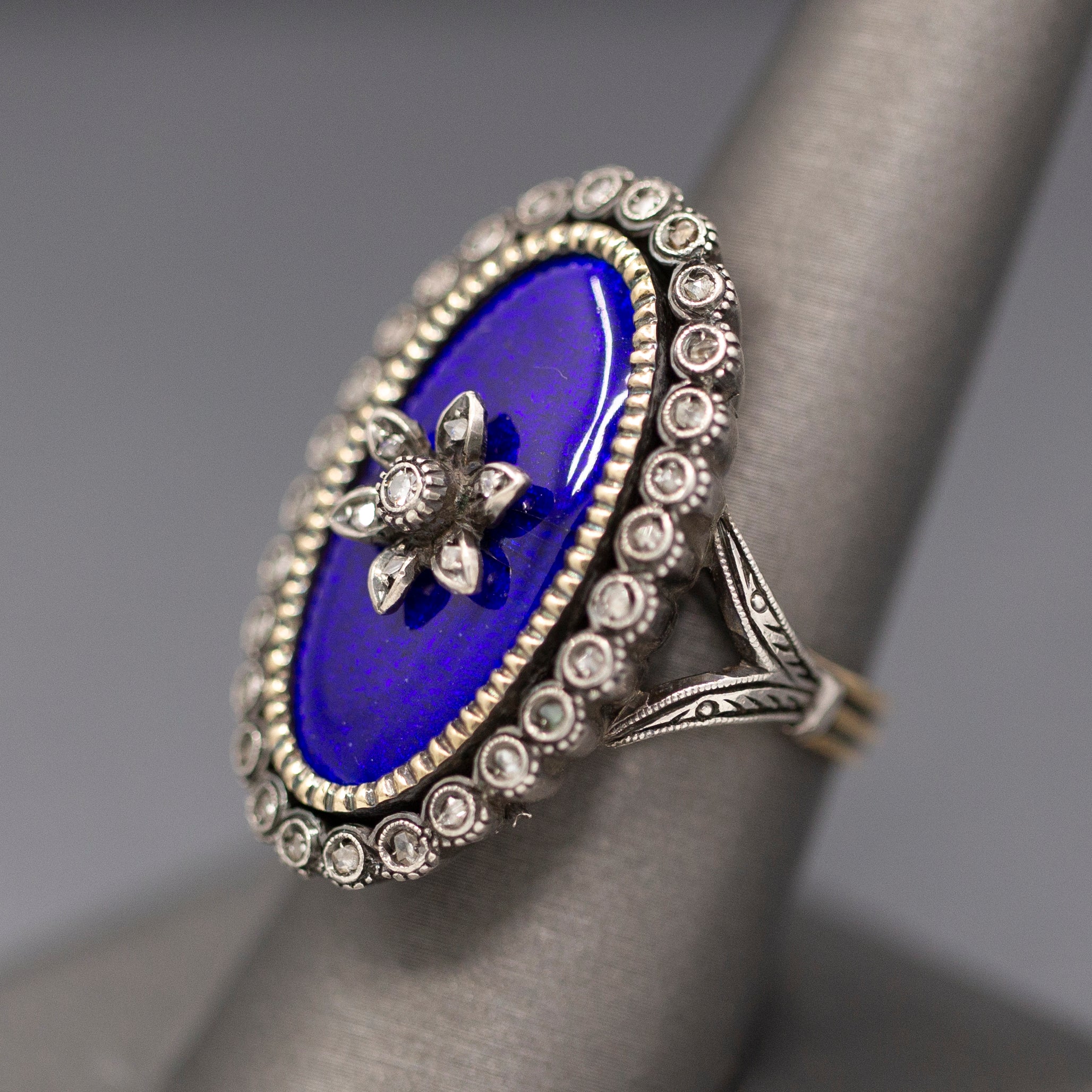 Exquisite Georgian Revival 1920s Blue Enamel and Rose Cut Diamond Ring in Silver and 14k Yellow Gold
