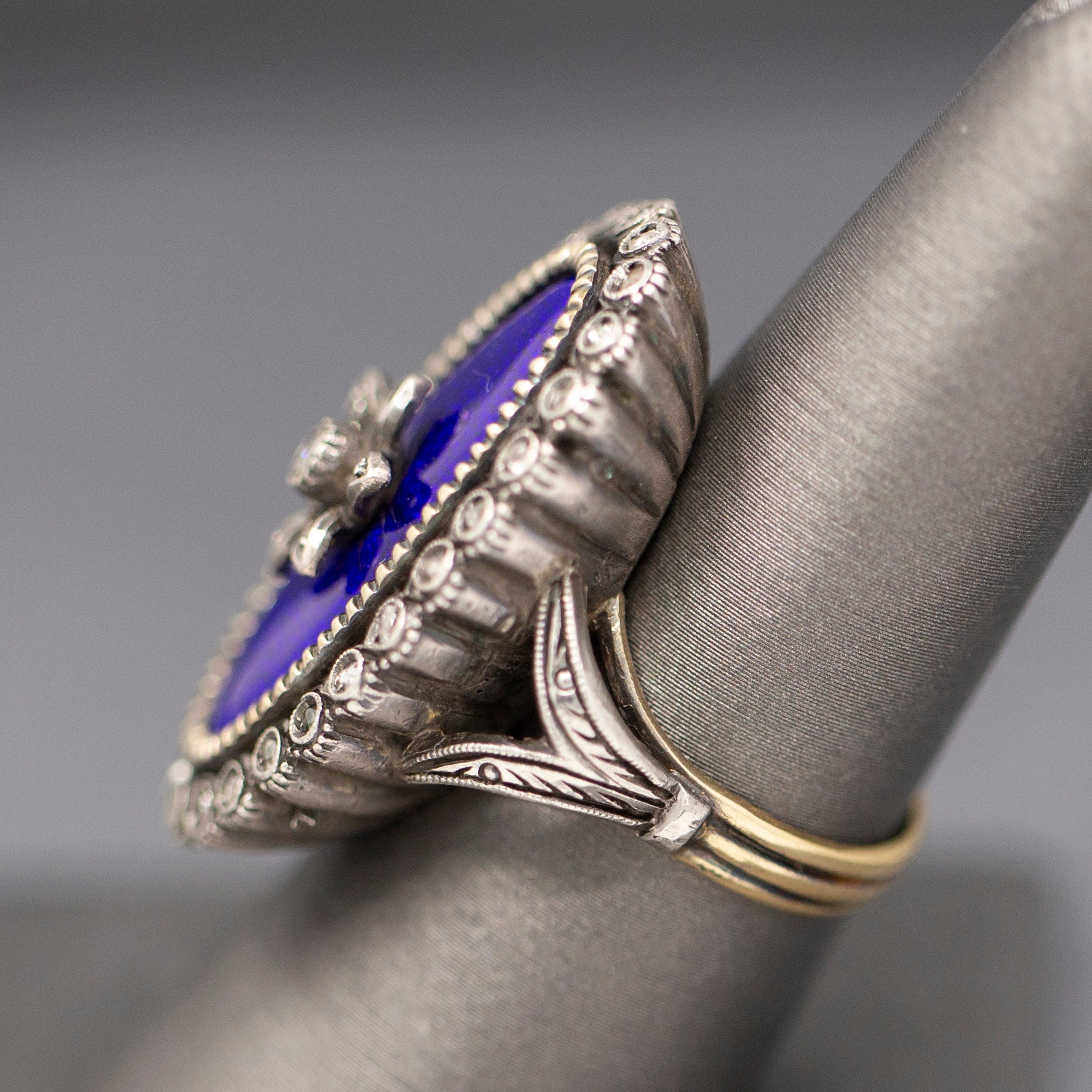 Exquisite Georgian Revival 1920s Blue Enamel and Rose Cut Diamond Ring in Silver and 14k Yellow Gold