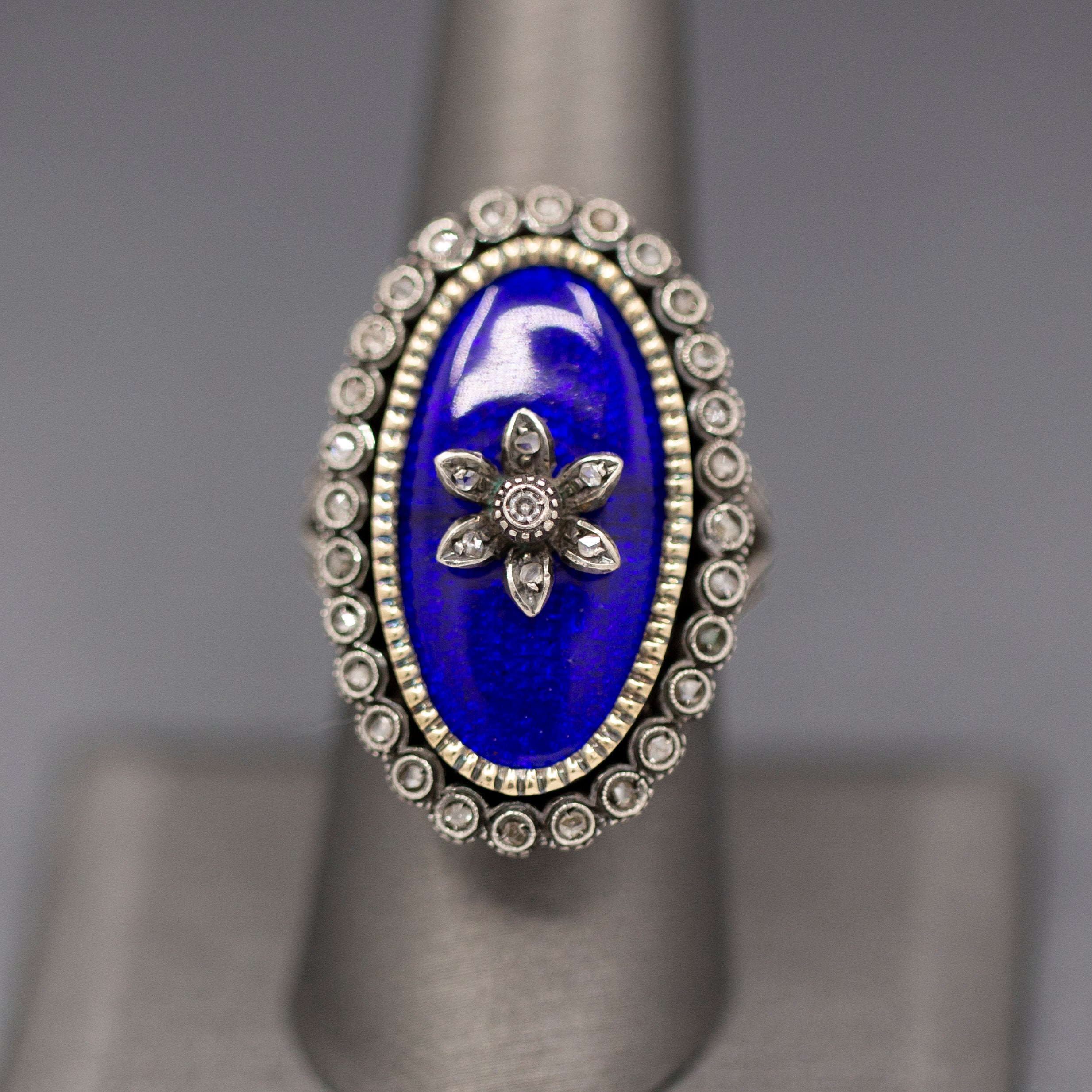 Exquisite Georgian Revival 1920s Blue Enamel and Rose Cut Diamond Ring in Silver and 14k Yellow Gold
