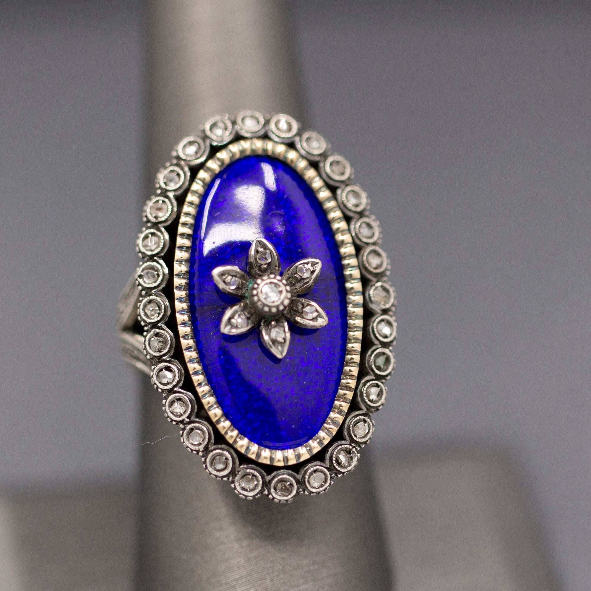 Exquisite Georgian Revival 1920s Blue Enamel and Rose Cut Diamond Ring in Silver and 14k Yellow Gold