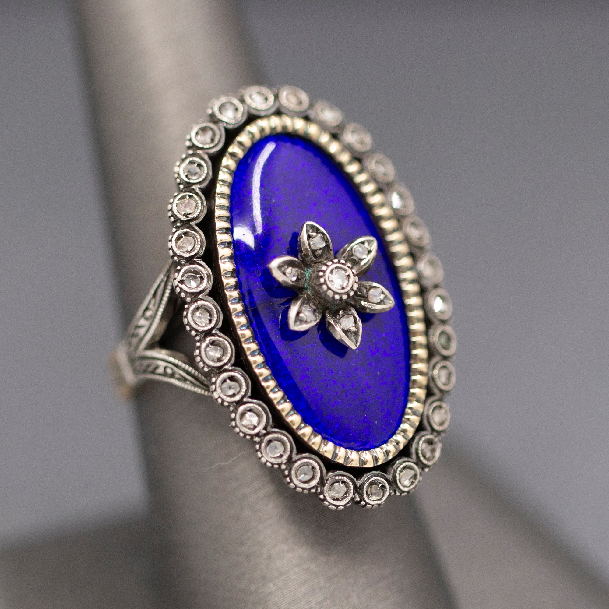 Exquisite Georgian Revival 1920s Blue Enamel and Rose Cut Diamond Ring in Silver and 14k Yellow Gold