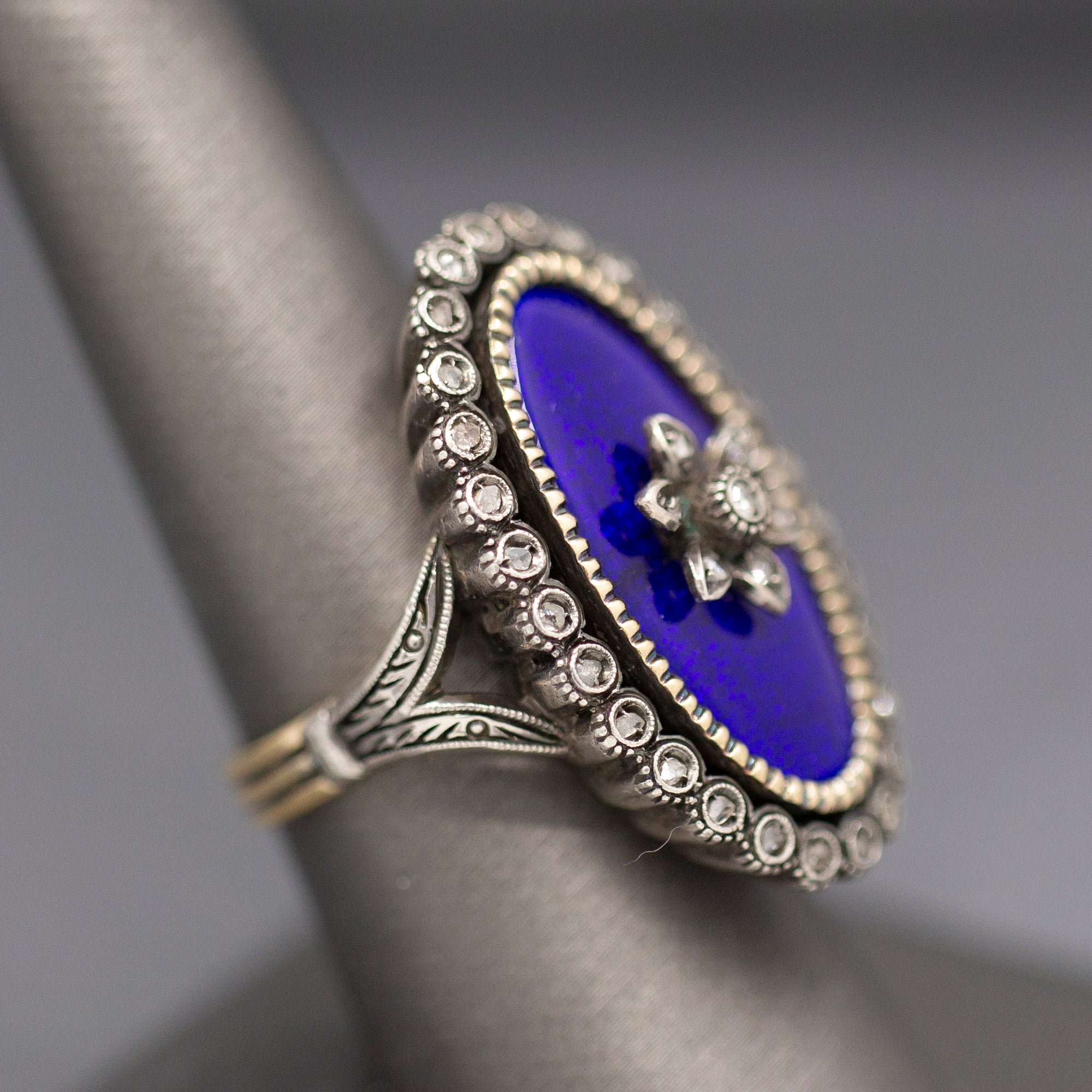 Exquisite Georgian Revival 1920s Blue Enamel and Rose Cut Diamond Ring in Silver and 14k Yellow Gold