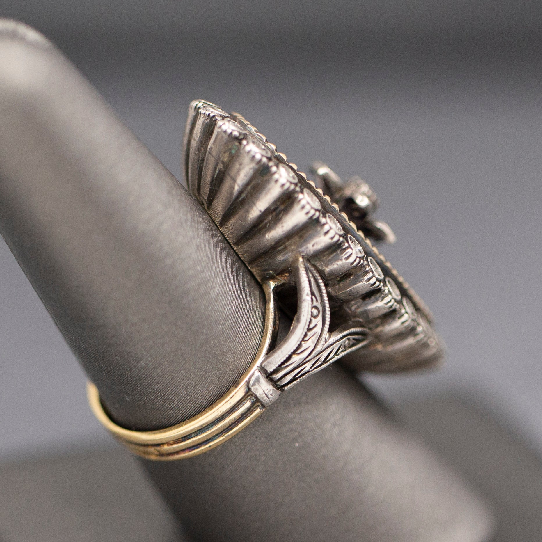 Exquisite Georgian Revival 1920s Blue Enamel and Rose Cut Diamond Ring in Silver and 14k Yellow Gold