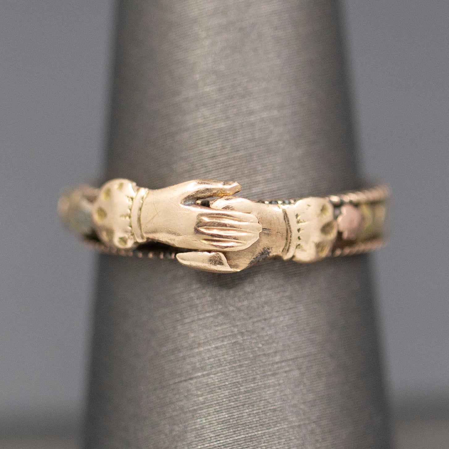 Antique Victorian Gimmel Fede Wedding Betrothal Ring in 14k Rose and Yellow Gold Size 7