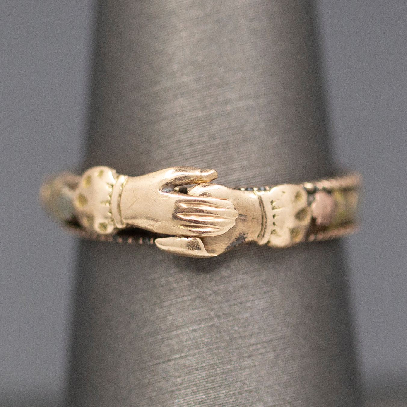 Antique Victorian Gimmel Fede Wedding Betrothal Ring in 14k Rose and Yellow Gold Size 7