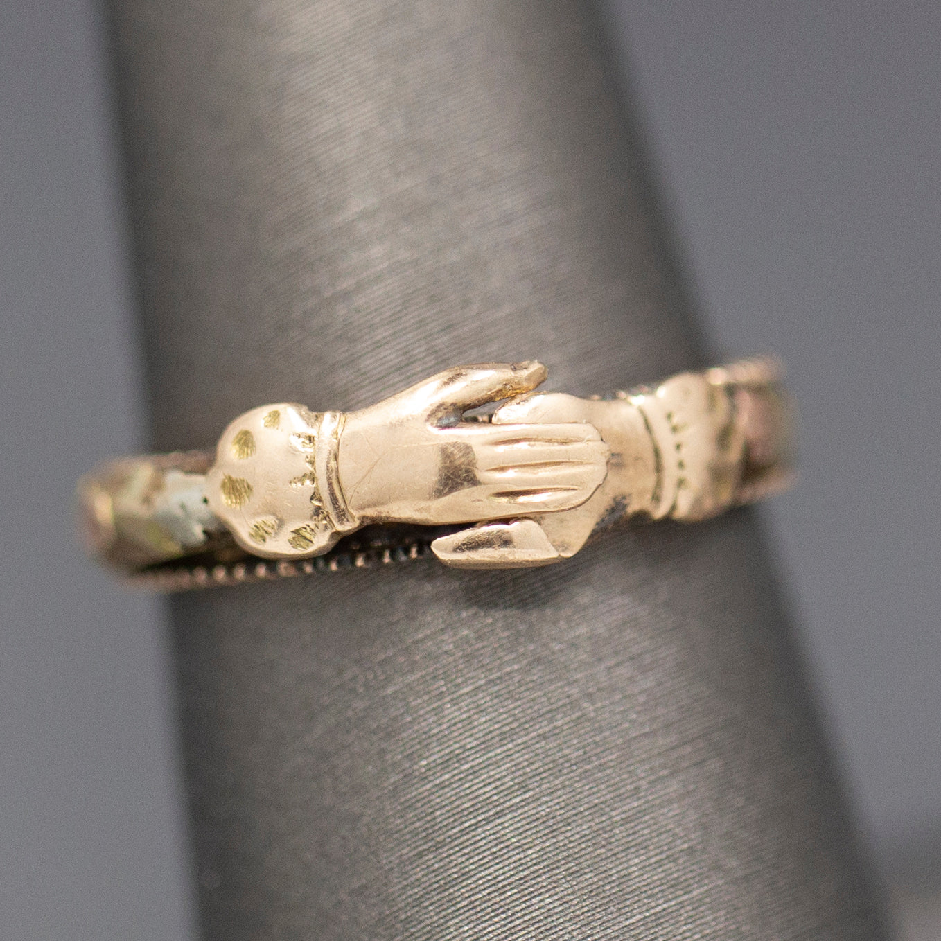 Antique Victorian Gimmel Fede Wedding Betrothal Ring in 14k Rose and Yellow Gold Size 7