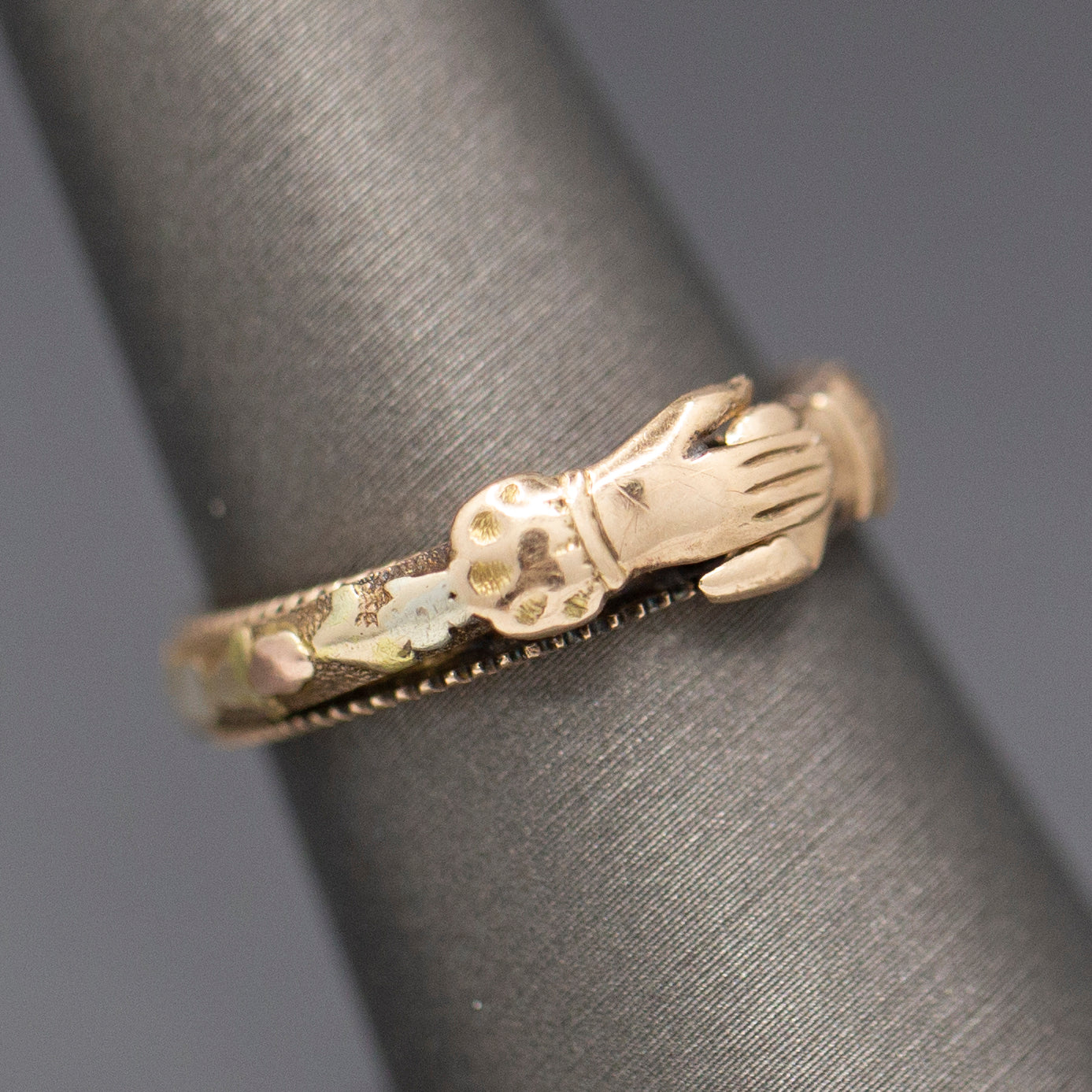Antique Victorian Gimmel Fede Wedding Betrothal Ring in 14k Rose and Yellow Gold Size 7
