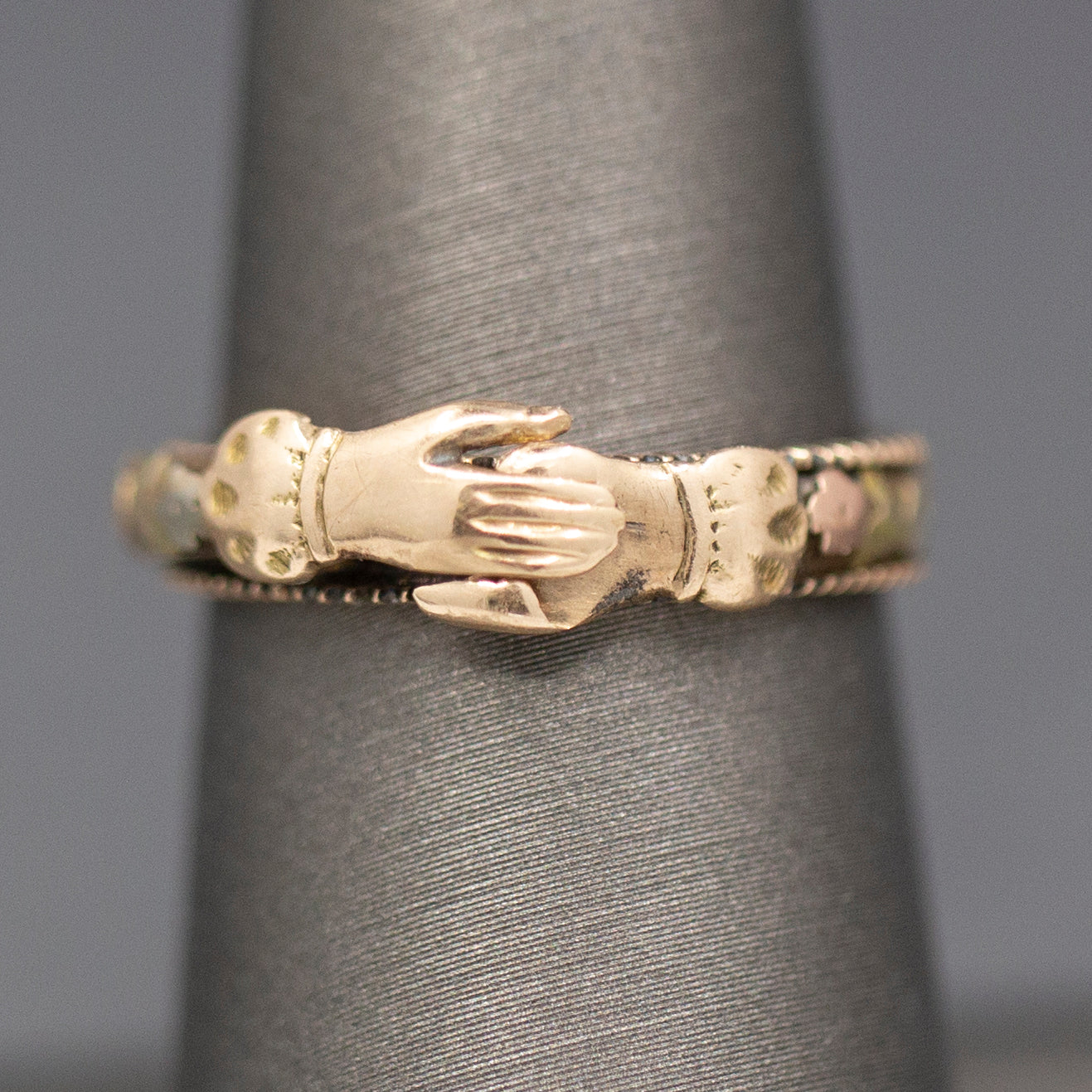Antique Victorian Gimmel Fede Wedding Betrothal Ring in 14k Rose and Yellow Gold Size 7