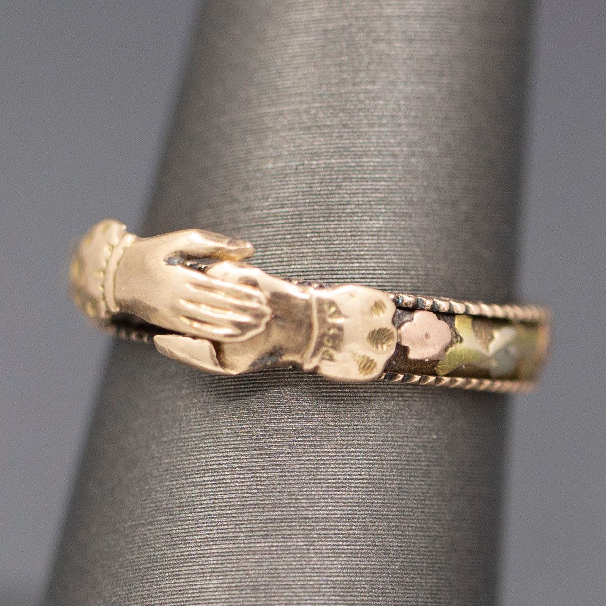 Antique Victorian Gimmel Fede Wedding Betrothal Ring in 14k Rose and Yellow Gold Size 7