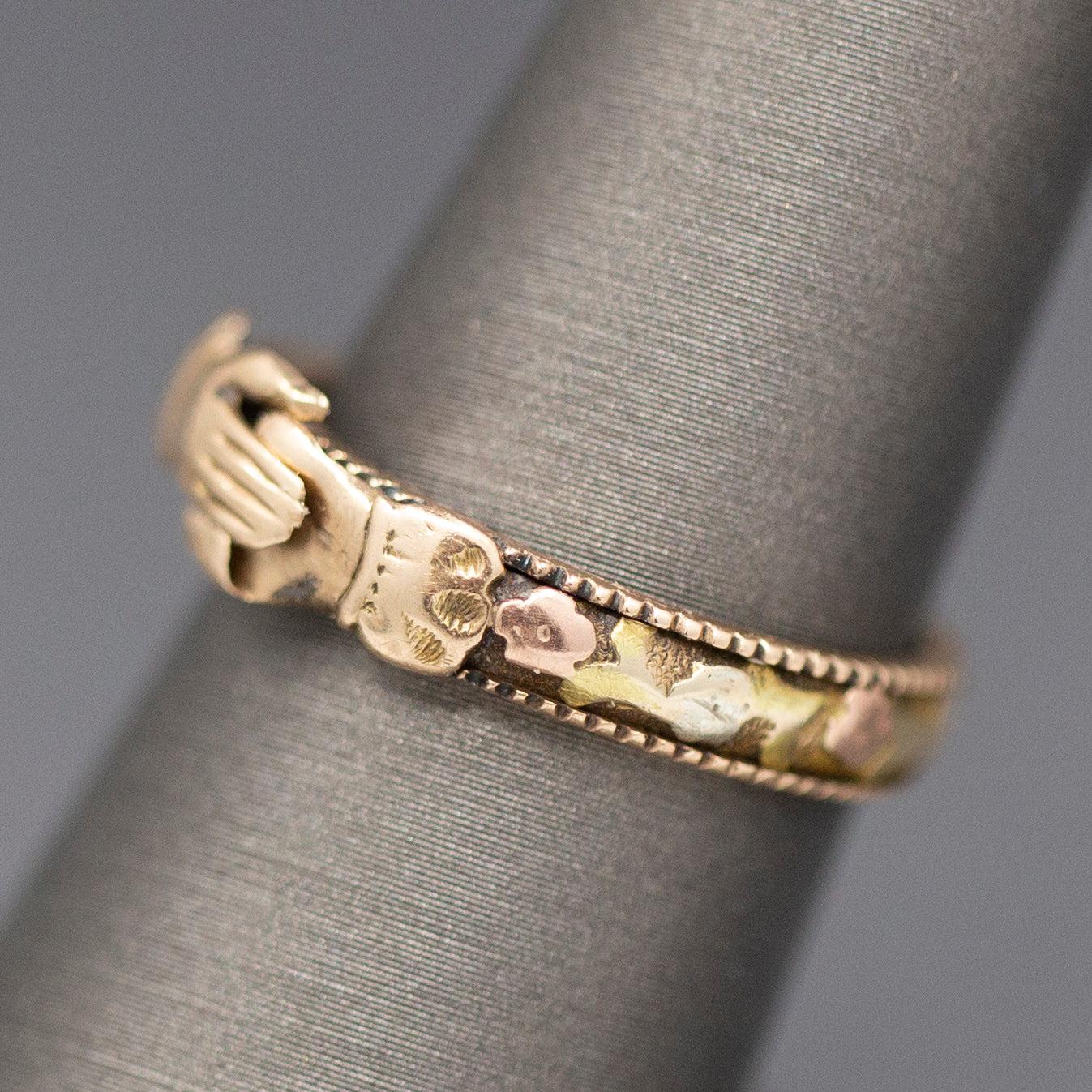 Antique Victorian Gimmel Fede Wedding Betrothal Ring in 14k Rose and Yellow Gold Size 7