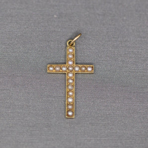Antique Victorian Seed Pearl Christian Cross Pendant Charm in 14k Yellow Gold