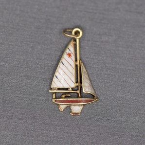 Antique Sail Boat Charm Red and White Enamel in 14k Yellow Gold