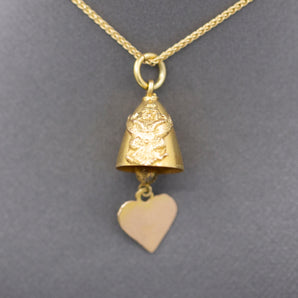 Thai Dancers on Bell Charm with Dangling Heart in 18k Yellow Gold
