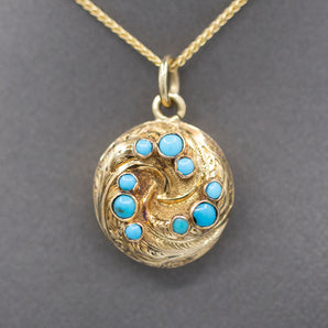 Antique Victorian Turquoise Round Locket with Glass Back and Lock of Hair in 14k Gold