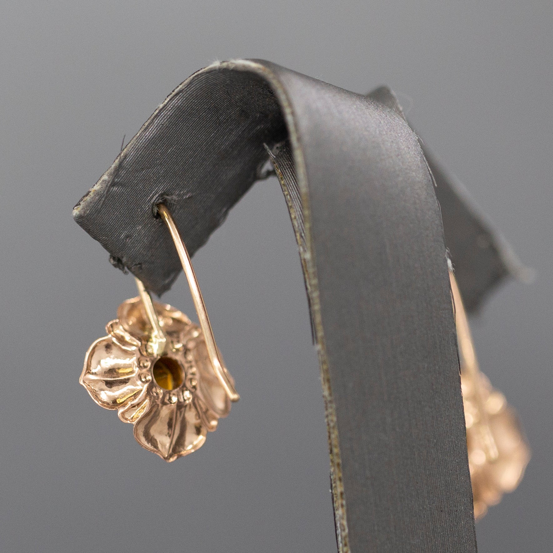  Lovely Retro Madeira Citrine Bezel Set Floral Drop Earrings in 14k Rose Gold
