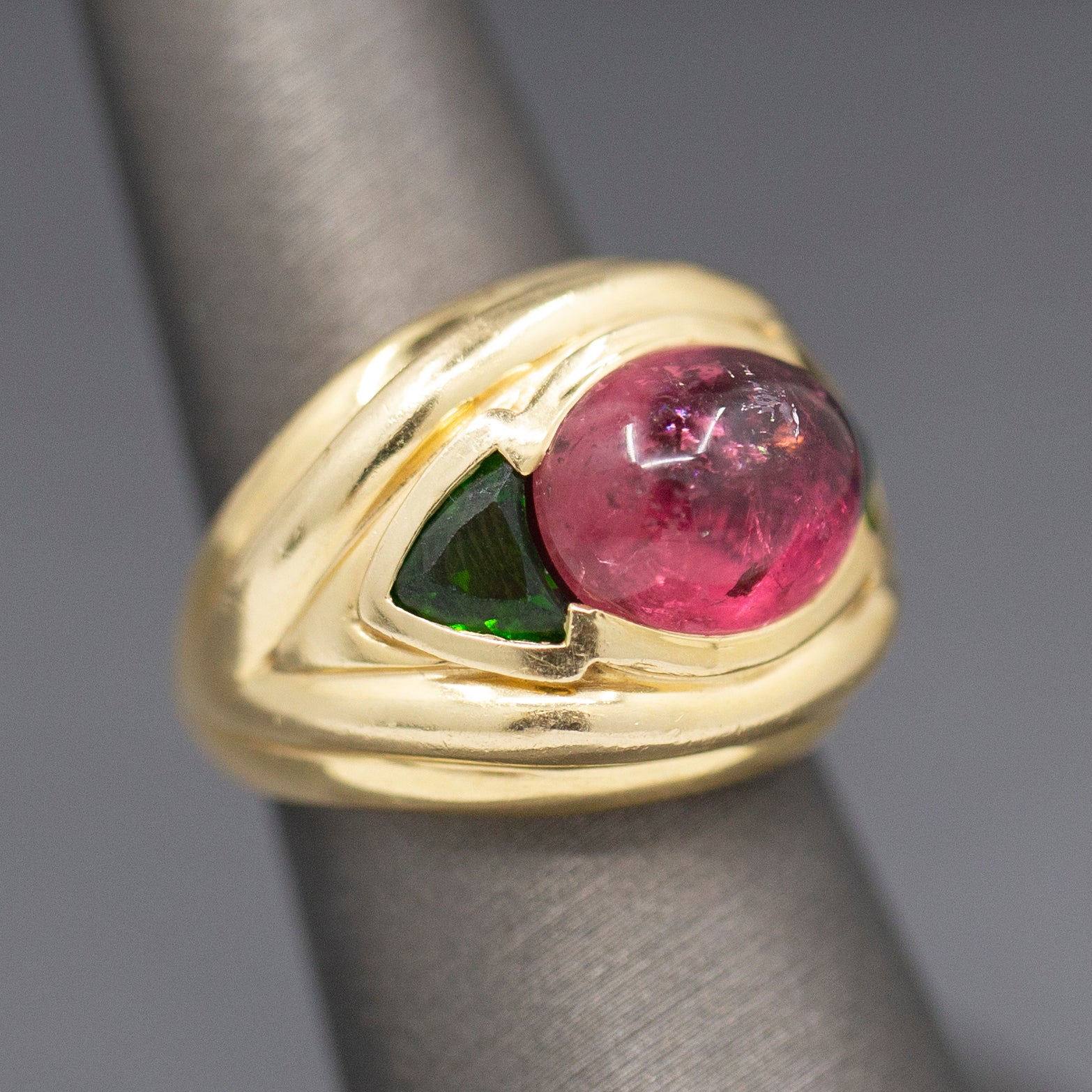 Vivid Pink and Green Tourmaline Bold Statement Ring in 14k Yellow Gold
