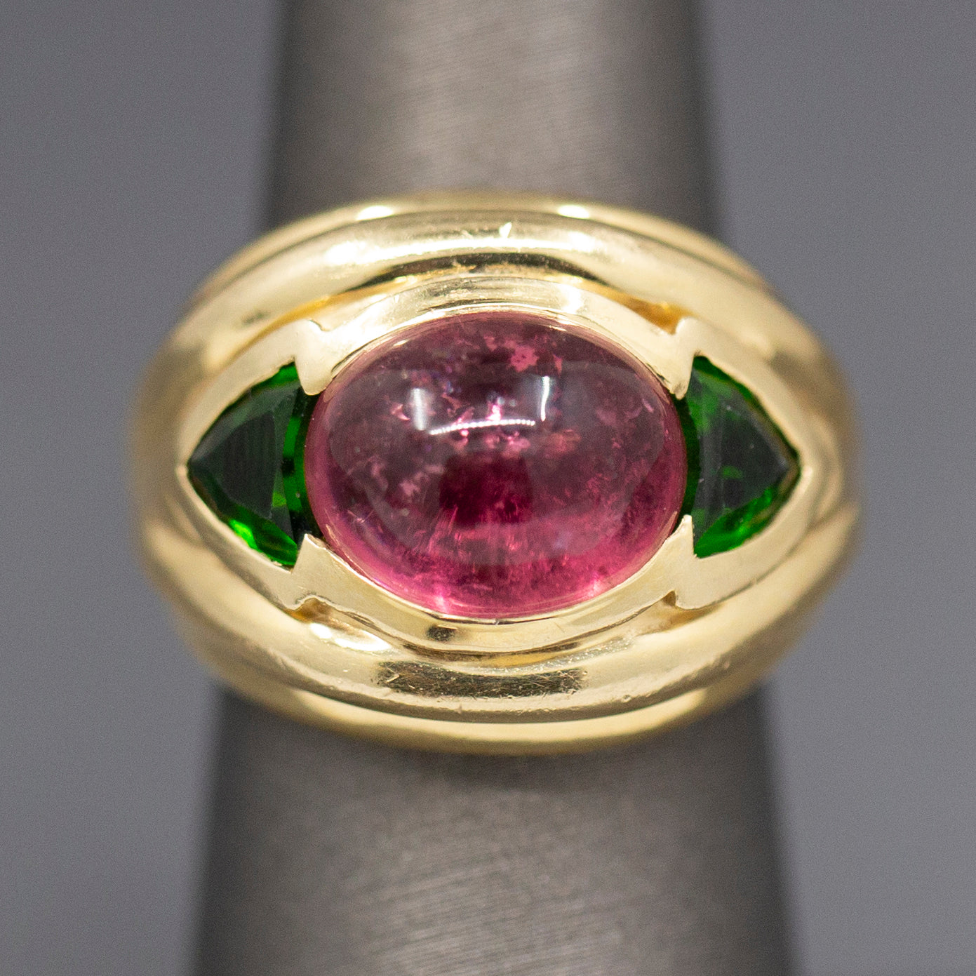 Vivid Pink and Green Tourmaline Bold Statement Ring in 14k Yellow Gold