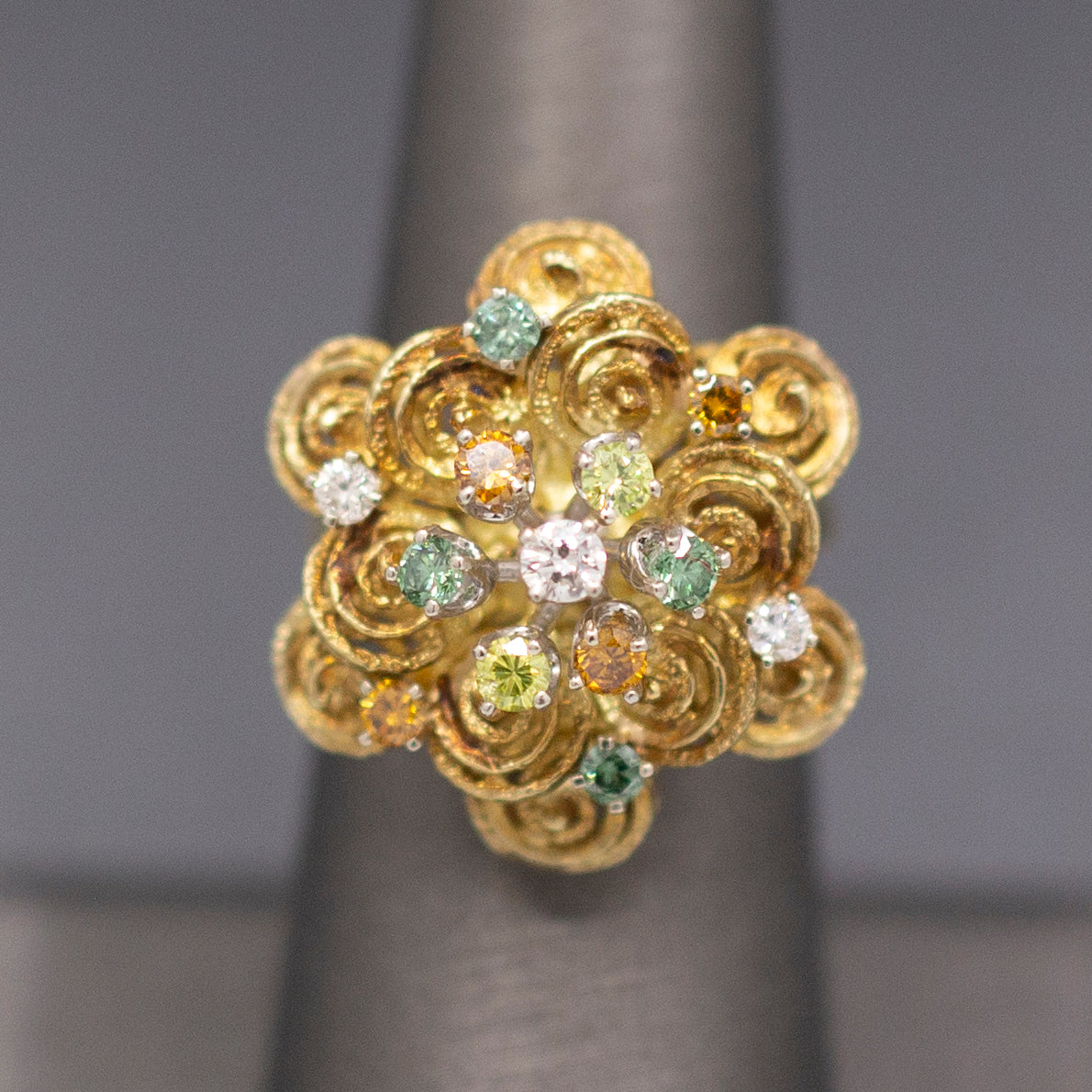 Green Orange and White Diamond Harem Cocktail Ring in 14k Yellow Gold