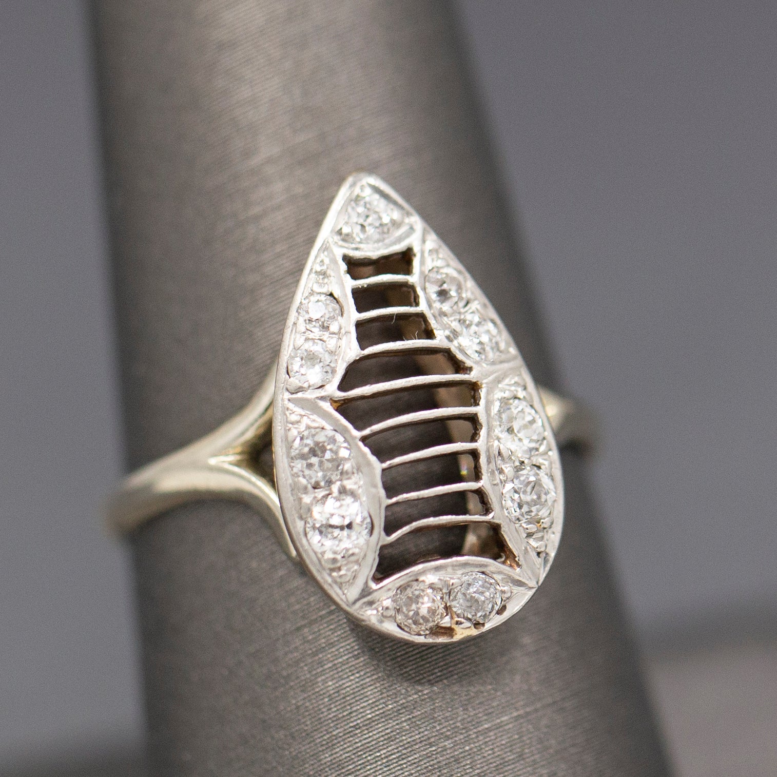 Art Deco Knife Wire and Old Mine Cut Diamond Planchette Ring in 14k White Gold