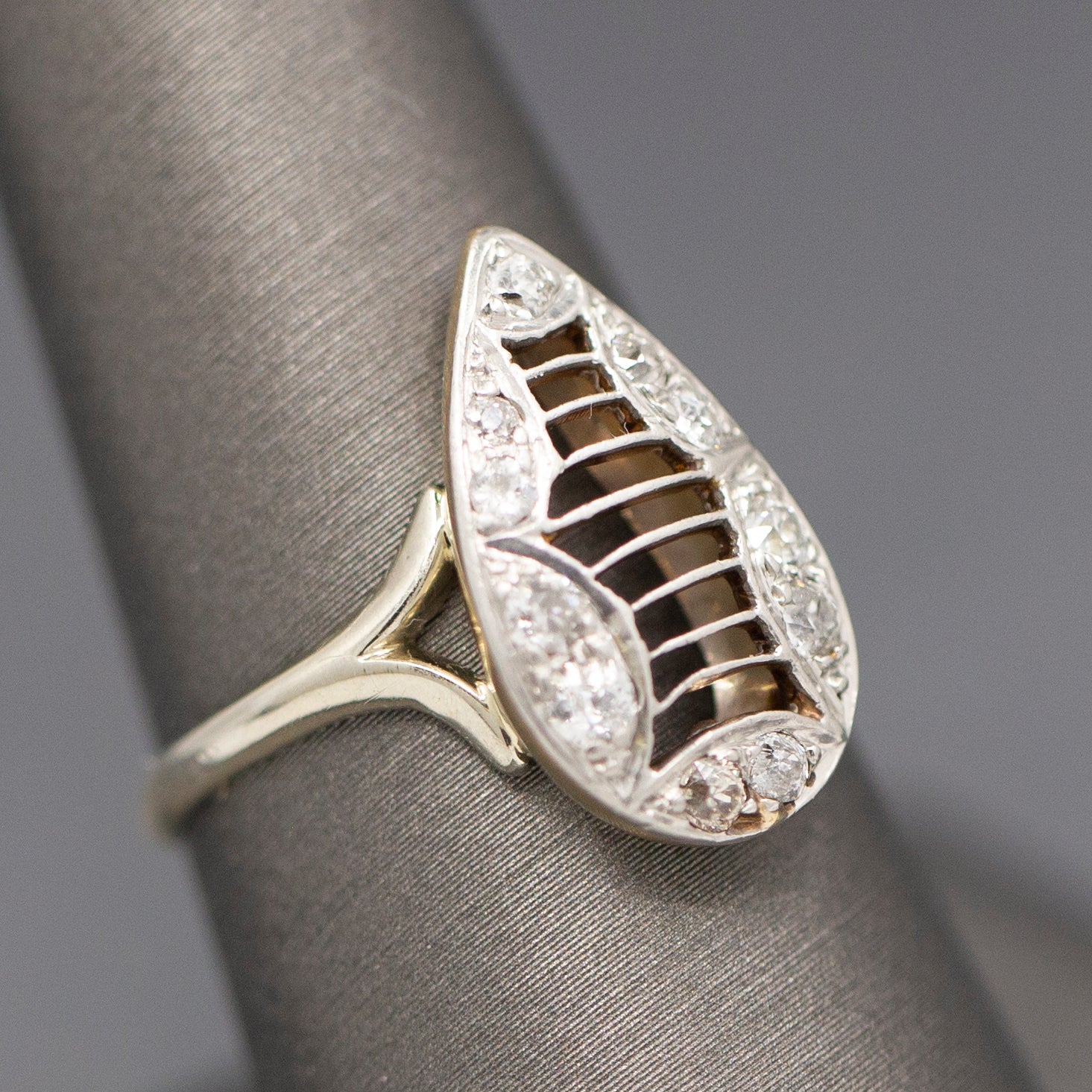 Art Deco Knife Wire and Old Mine Cut Diamond Planchette Ring in 14k White Gold