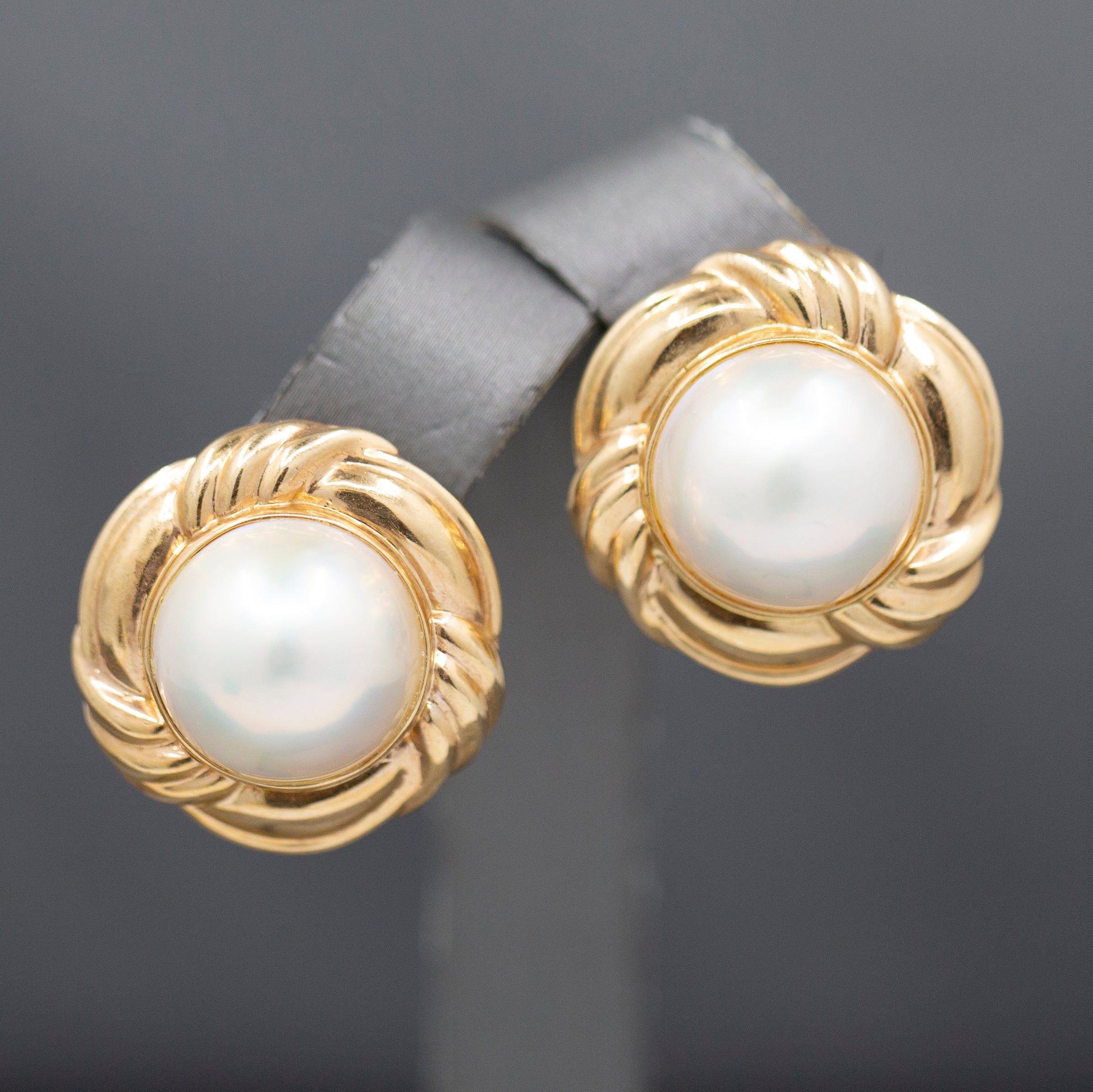 Vintage Lustrous Mabe Pearl Earrings in Scalloped Frames with Omega Back in 14k Yellow Gold