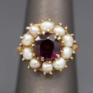 Vintage Rhodolite Garnet and Seed Pearl Low Profile Cocktail Ring in 14 Yellow Gold