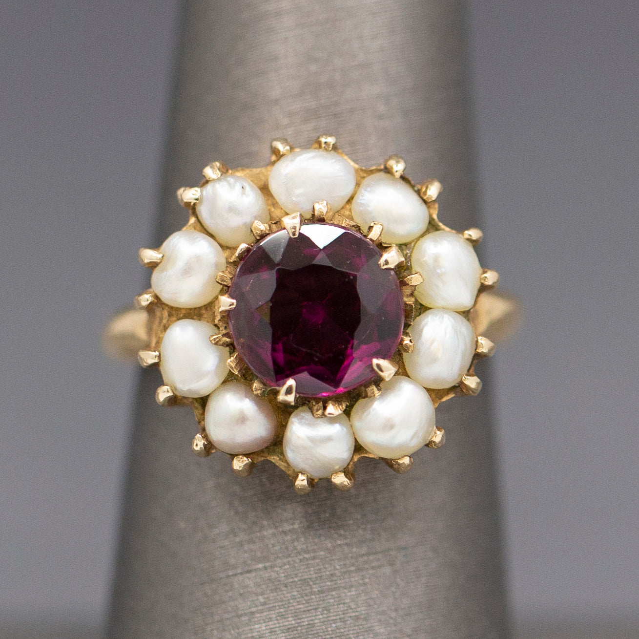 Vintage Rhodolite Garnet and Seed Pearl Low Profile Cocktail Ring in 14 Yellow Gold