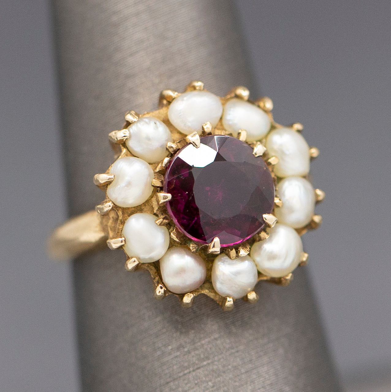 Vintage Rhodolite Garnet and Seed Pearl Low Profile Cocktail Ring in 14 Yellow Gold