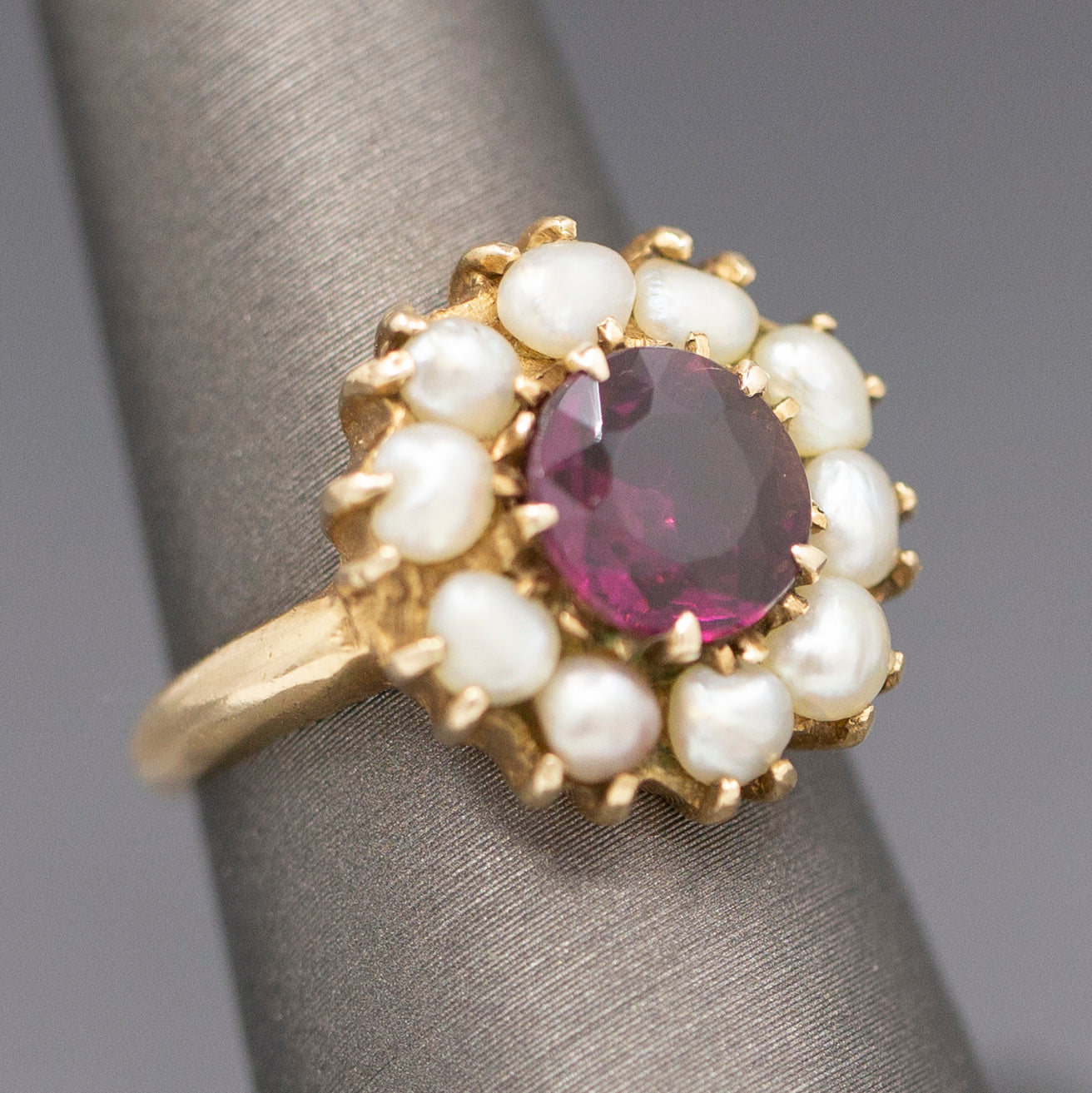 Vintage Rhodolite Garnet and Seed Pearl Low Profile Cocktail Ring in 14 Yellow Gold