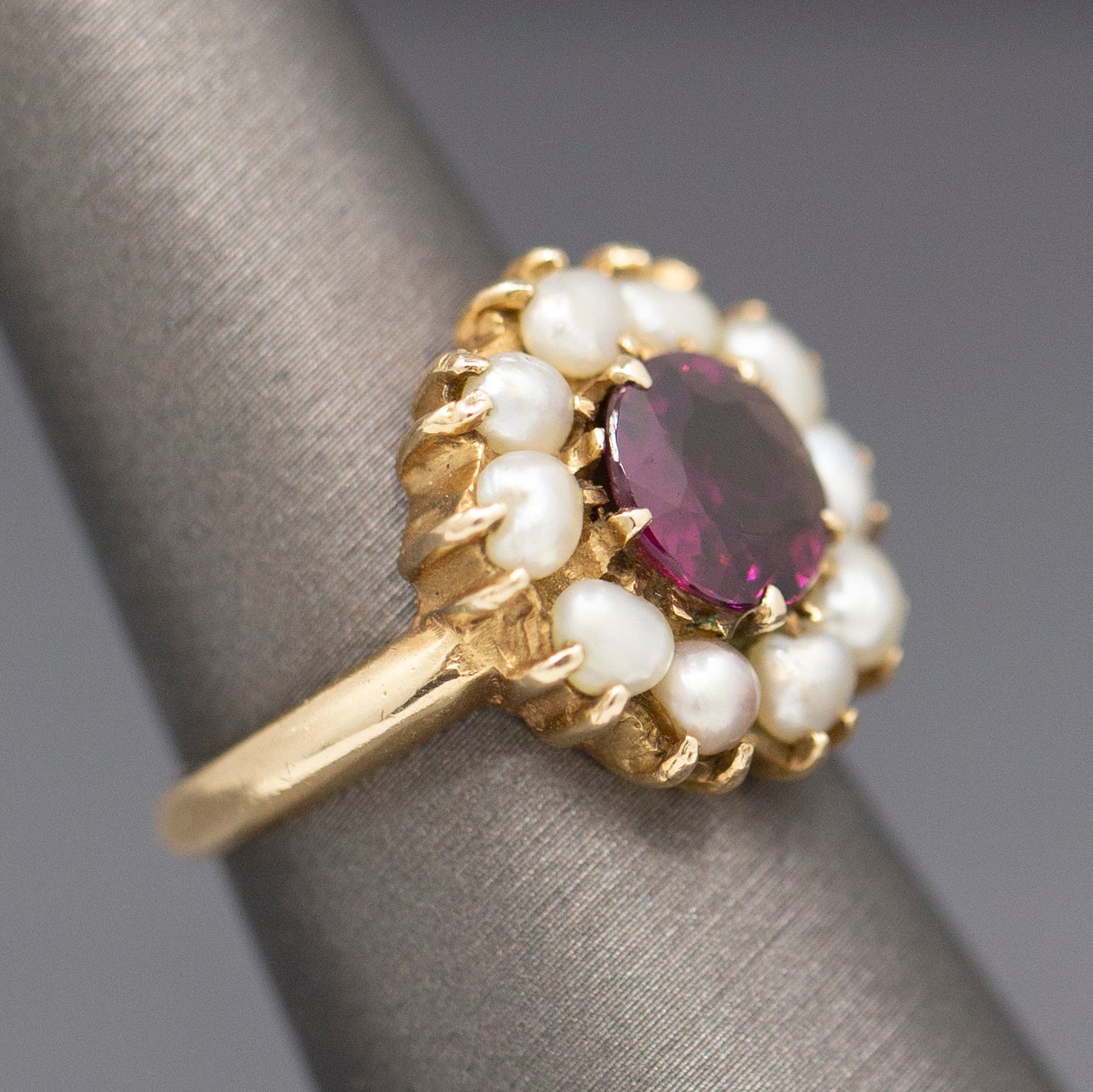 Vintage Rhodolite Garnet and Seed Pearl Low Profile Cocktail Ring in 14 Yellow Gold