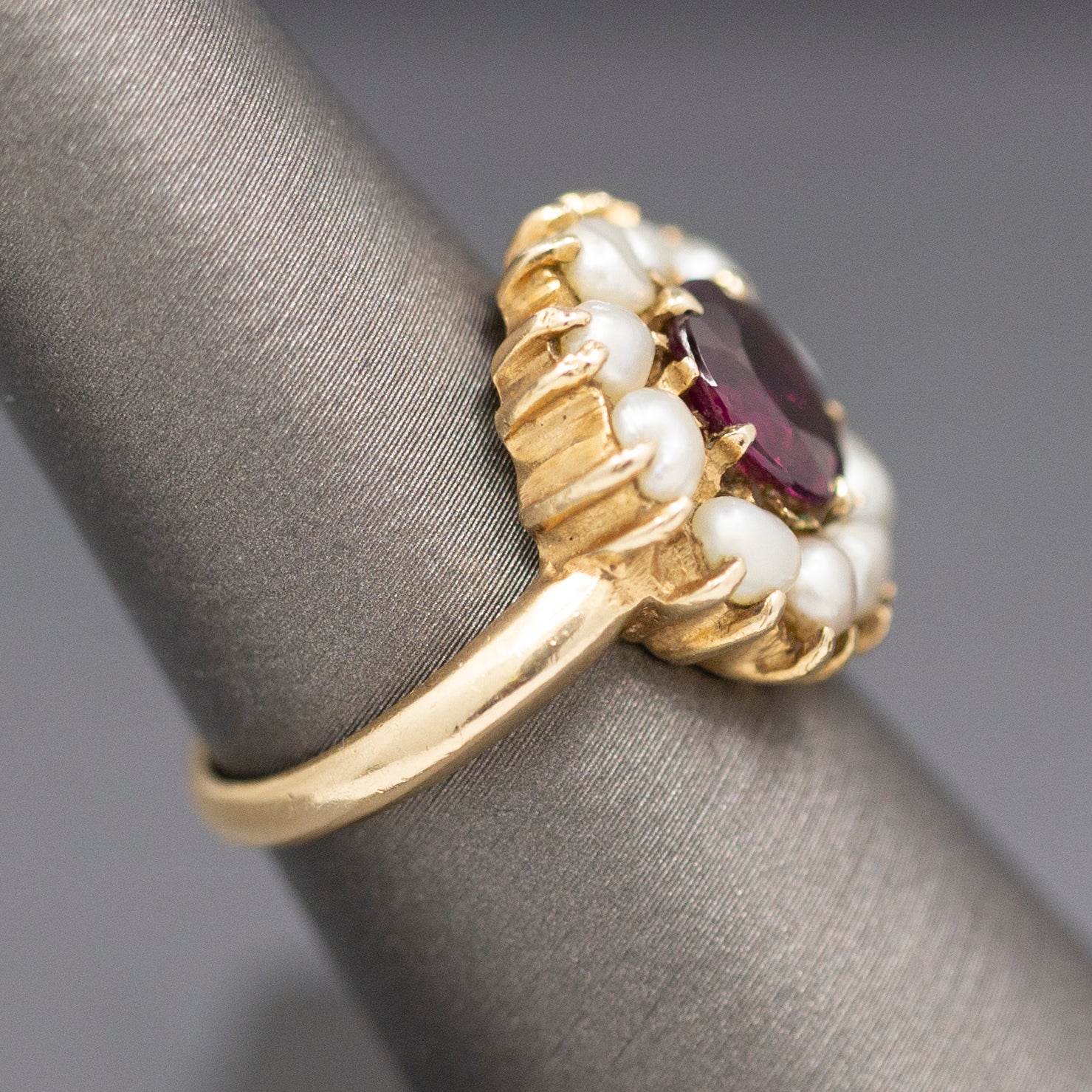 Vintage Rhodolite Garnet and Seed Pearl Low Profile Cocktail Ring in 14 Yellow Gold