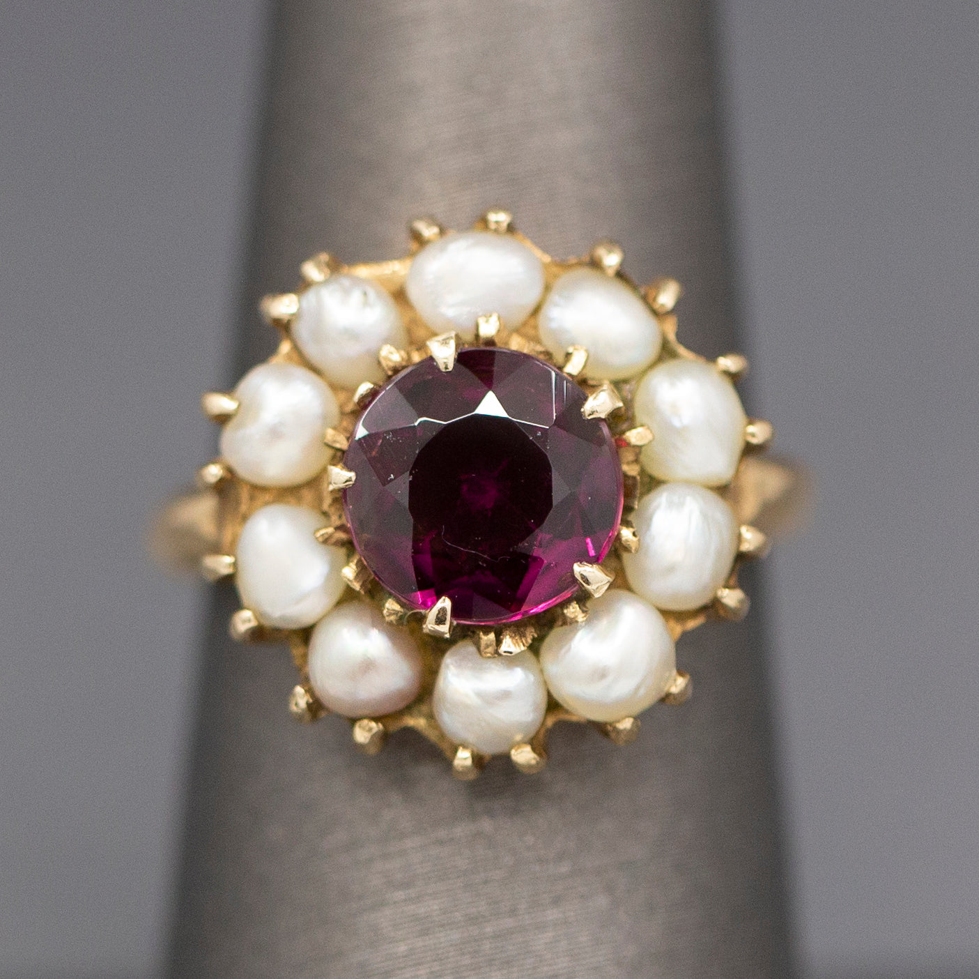 Vintage Rhodolite Garnet and Seed Pearl Low Profile Cocktail Ring in 14 Yellow Gold