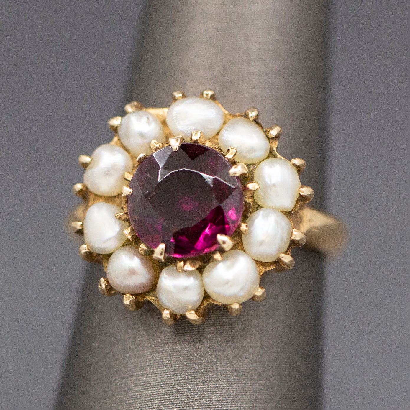 Vintage Rhodolite Garnet and Seed Pearl Low Profile Cocktail Ring in 14 Yellow Gold