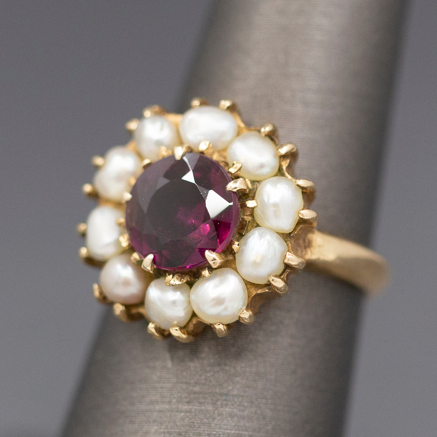 Vintage Rhodolite Garnet and Seed Pearl Low Profile Cocktail Ring in 14 Yellow Gold