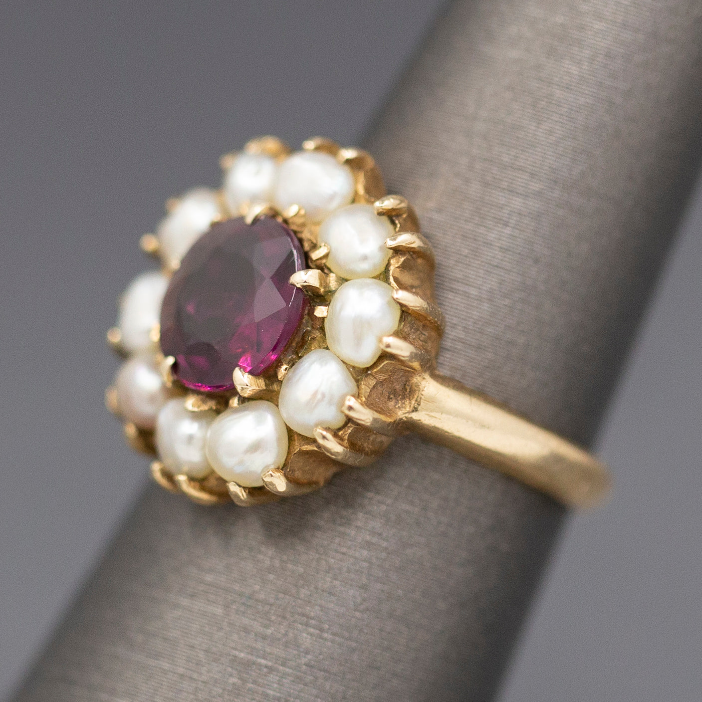 Vintage Rhodolite Garnet and Seed Pearl Low Profile Cocktail Ring in 14 Yellow Gold