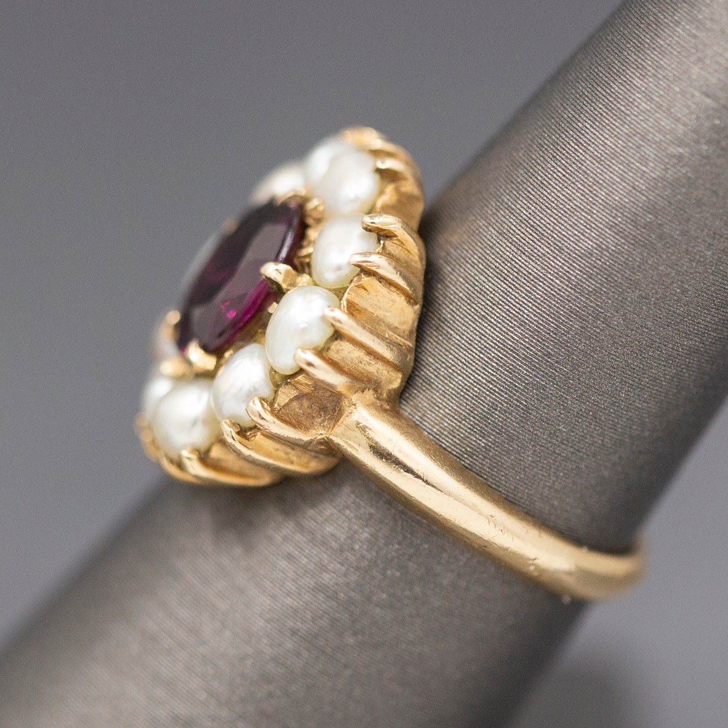 Vintage Rhodolite Garnet and Seed Pearl Low Profile Cocktail Ring in 14 Yellow Gold