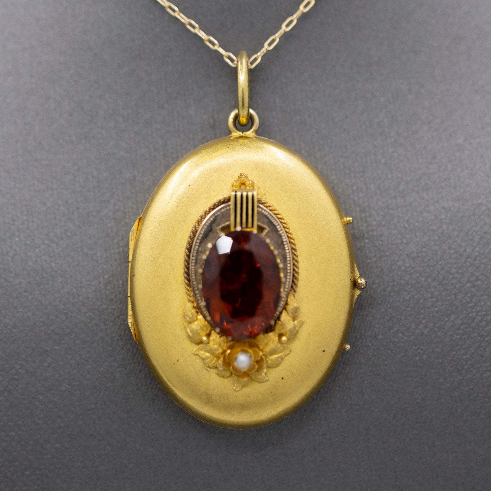 Exquisite Art Nouveau Madeira Citrine and Seed Pearl Large Locket in 14k Yellow Gold