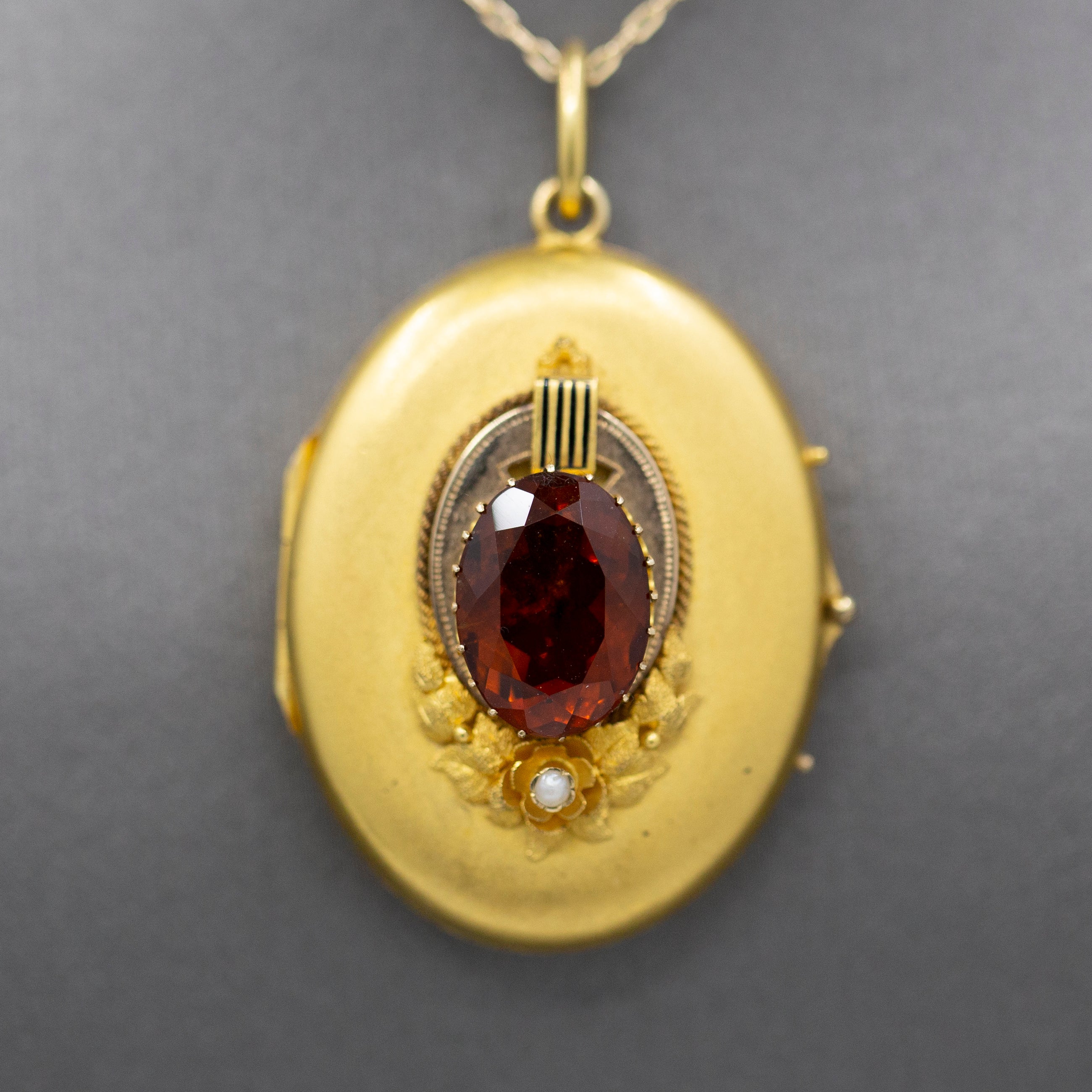 Exquisite Art Nouveau Madeira Citrine and Seed Pearl Large Locket in 14k Yellow Gold