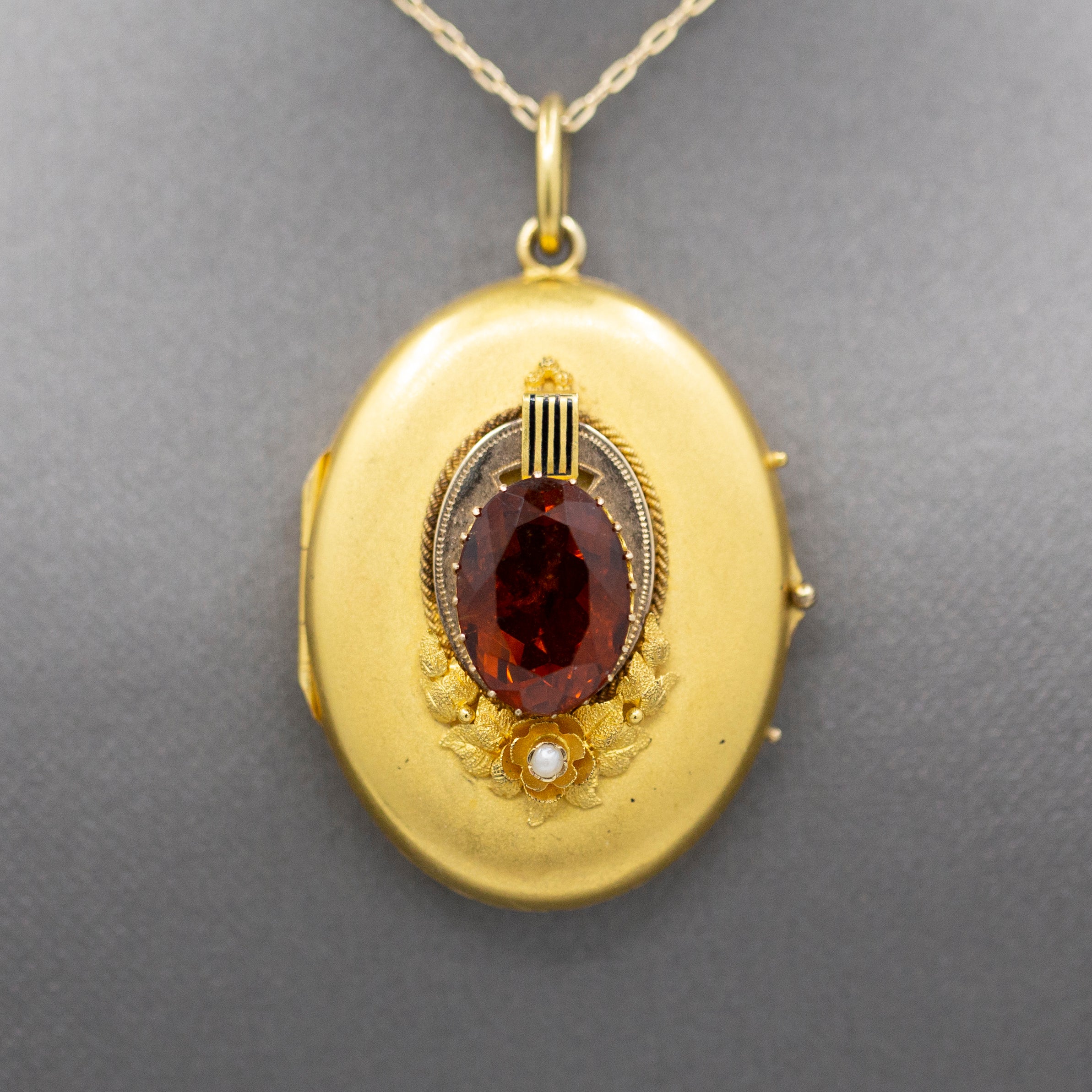 Exquisite Art Nouveau Madeira Citrine and Seed Pearl Large Locket in 14k Yellow Gold