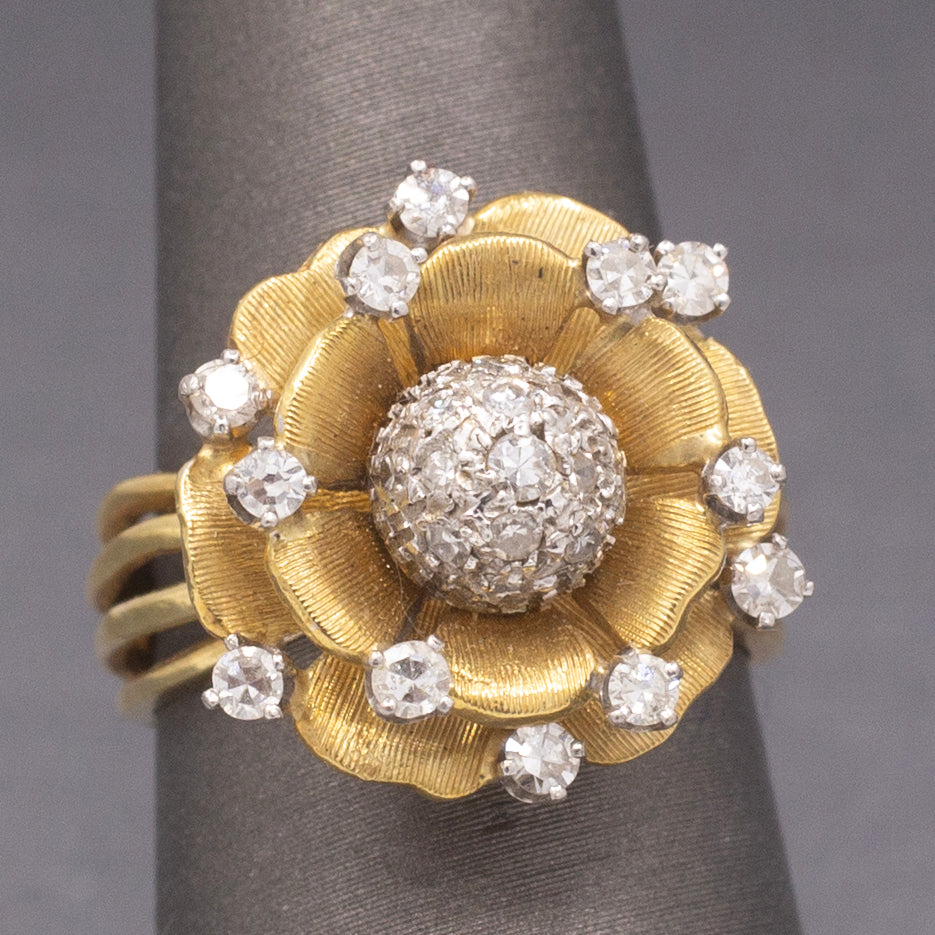 Bold Vintage Diamond Flower Cocktail Ring in 14k Yellow Gold, Statement Floral Ring