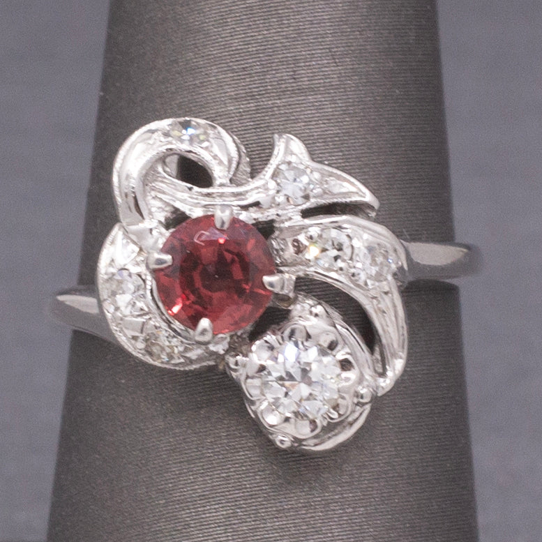 Petite Ruby and Old European Cut Diamond Cocktail Ring in 14k White Gold