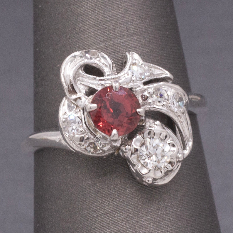 Petite Ruby and Old European Cut Diamond Cocktail Ring in 14k White Gold