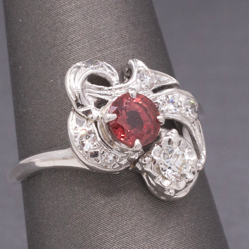 Petite Ruby and Old European Cut Diamond Cocktail Ring in 14k White Gold